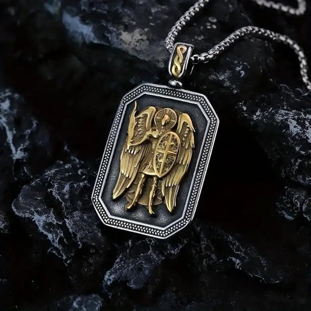 St. Michael Archangel Pendant Necklace -Sword and Shield - Protection Amulet -  BigGreenBear.com jewelry 39.99 USD Big Green Bear