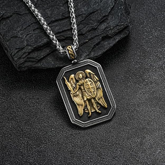 St. Michael Archangel Pendant Necklace -Sword and Shield - Protection Amulet -  BigGreenBear.com jewelry 39.99 USD Big Green Bear