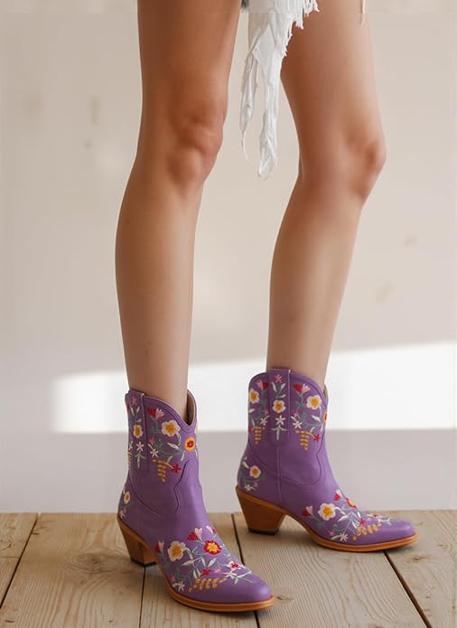 Cowgirl Boots Floral Snip Square Toe Western Cowboy Boots Chunky Heel Pull On Short Boots