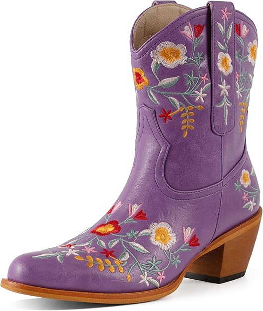 Cowgirl Boots Floral Snip Square Toe Western Cowboy Boots Chunky Heel Pull On Short Boots