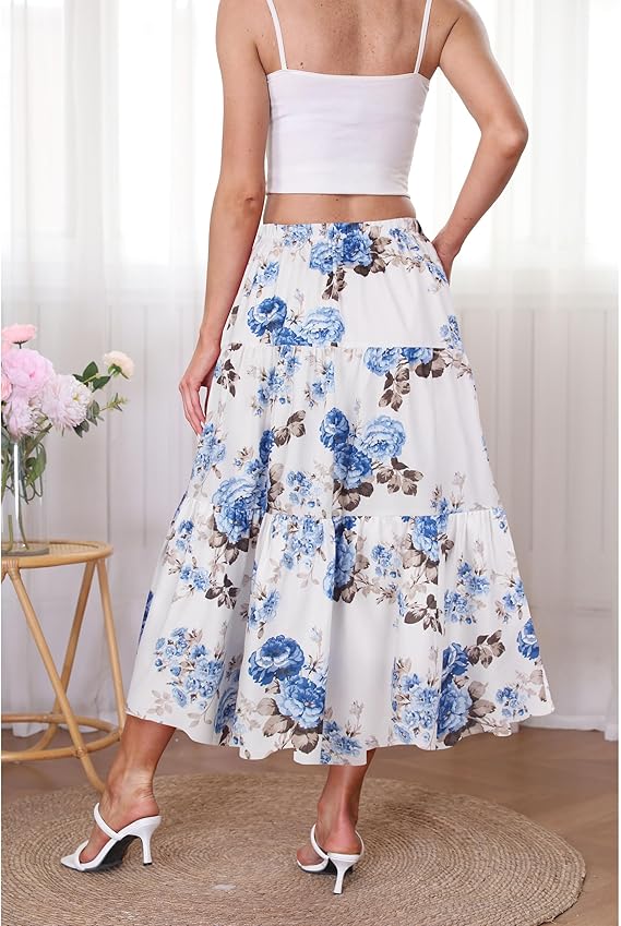 Women's Boho Midi Skirt A-Line Ruffle Elastic High Waist Tiered Flowy Skirts