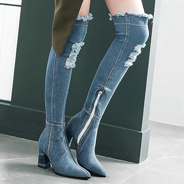 NEW! Denim Ankle Boots for Women Pointed Toe Chunky High Heel  with Side Zipper -  BigGreenBear.com boots 89.23 USD Big Green Bear