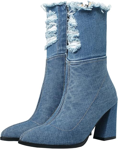 NEW! Denim Ankle Boots for Women Pointed Toe Chunky High Heel with Side Zipper -  BigGreenBear.com boots 72.45 USD Big Green Bear