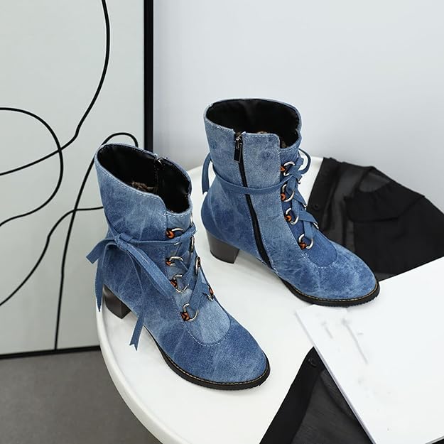 NEW! Women's Denim Lace up Mid-Calf Booties Retro Chunky Heel Side Zipper -  BigGreenBear.com boots 59.99 USD Big Green Bear