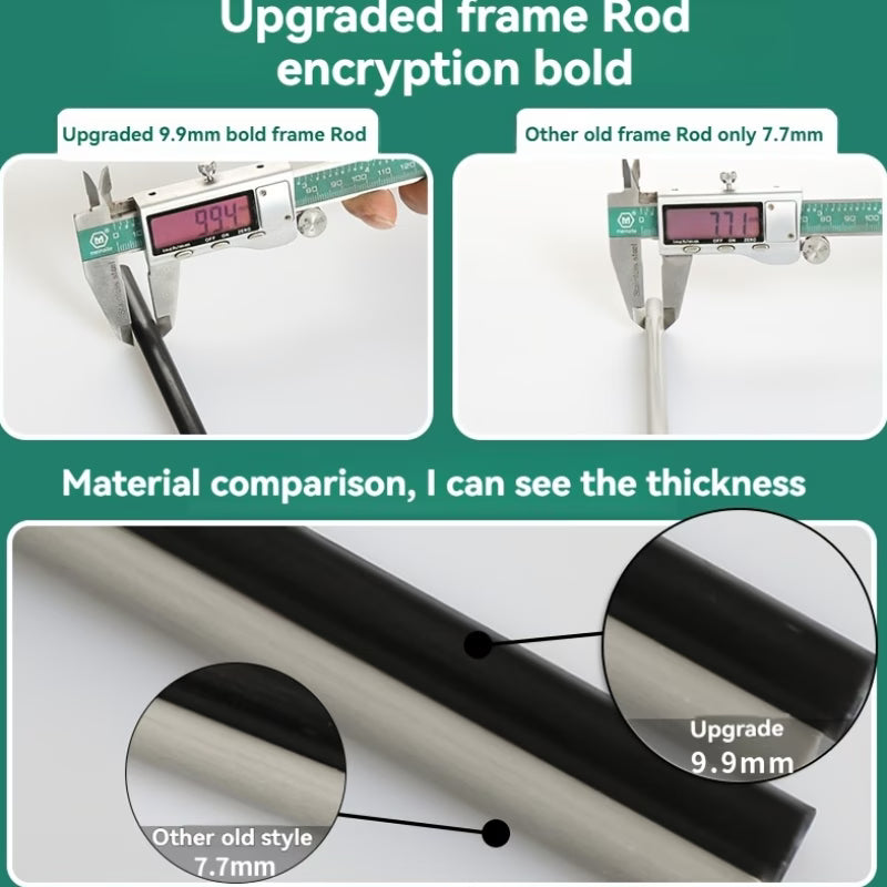 Comparison of upgraded 9.9mm frame rod with older 7.7mm rod using digital calipers.