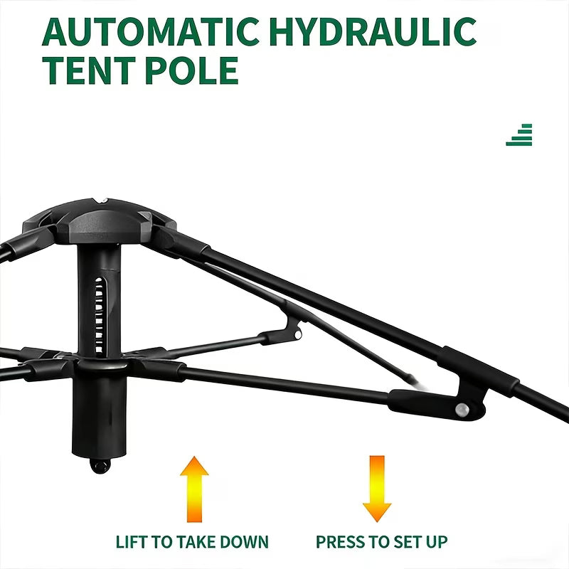Automatic hydraulic tent pole with instructions on setup and teardown.