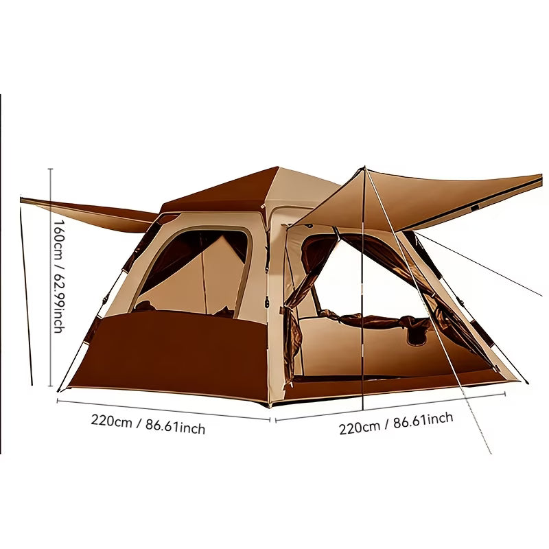 Brown camping tent with dimensions indicated on a white background