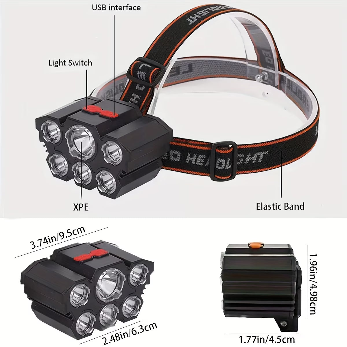 Headlamp with labeled parts and dimensions on a white background