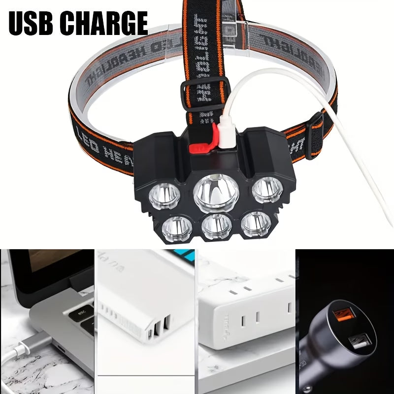 Headlamp with USB charging cable on a white background