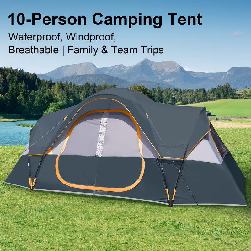 10-person camping tent with mountains and lake in the background