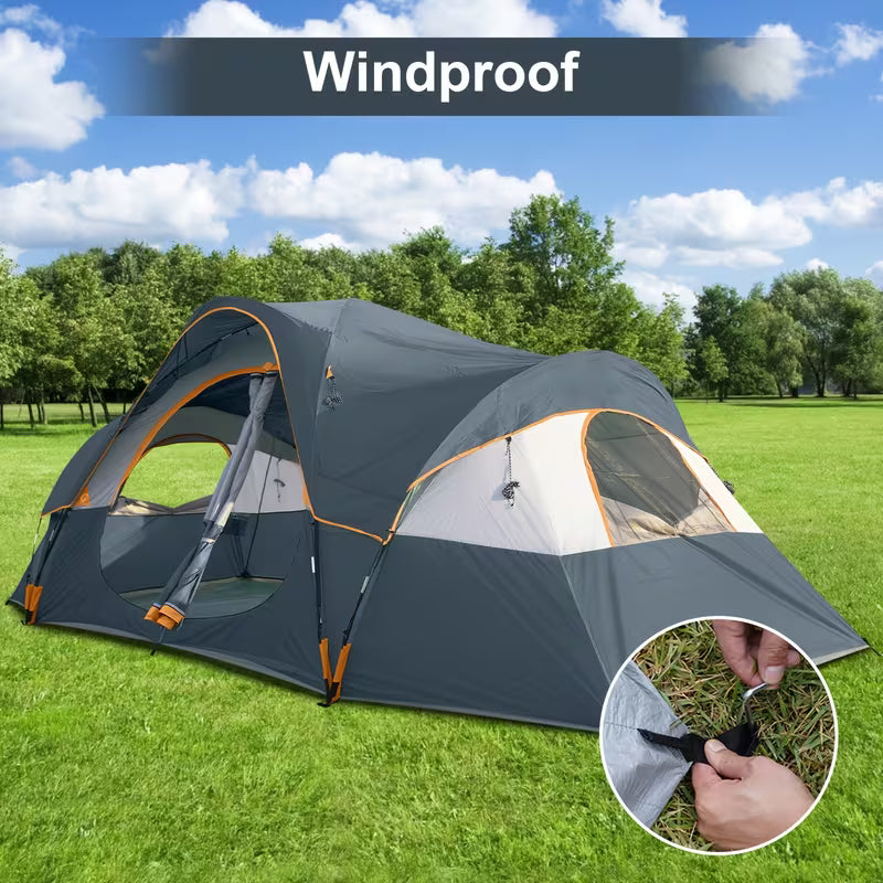 Windproof tent with a person adjusting a flap on a grassy field with trees in the background