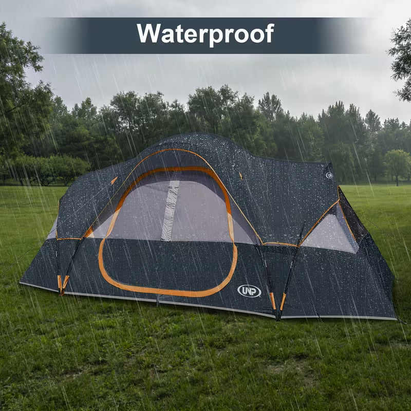 Camping tent with waterproof feature in a rain-soaked outdoor setting