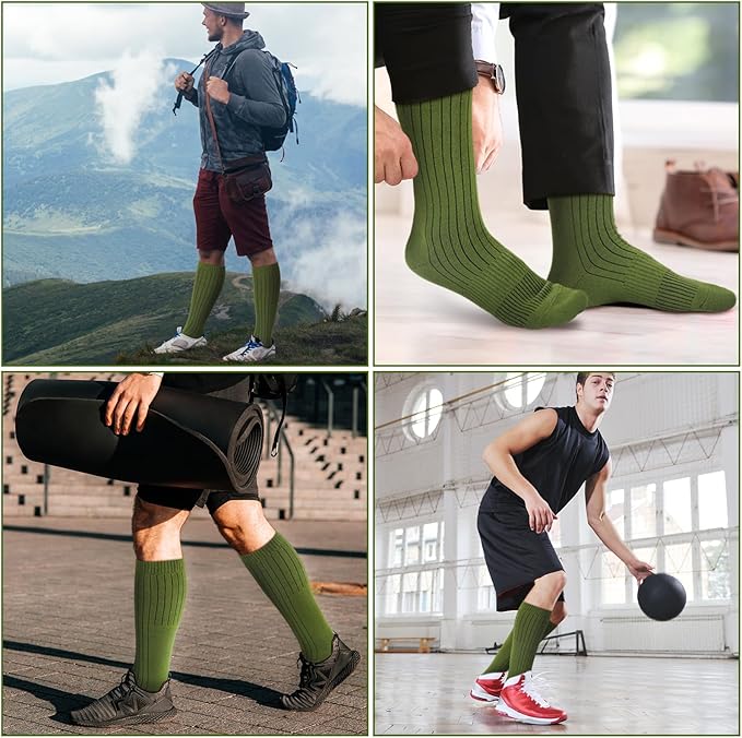 Collage of people wearing green knee-high socks in various settings.