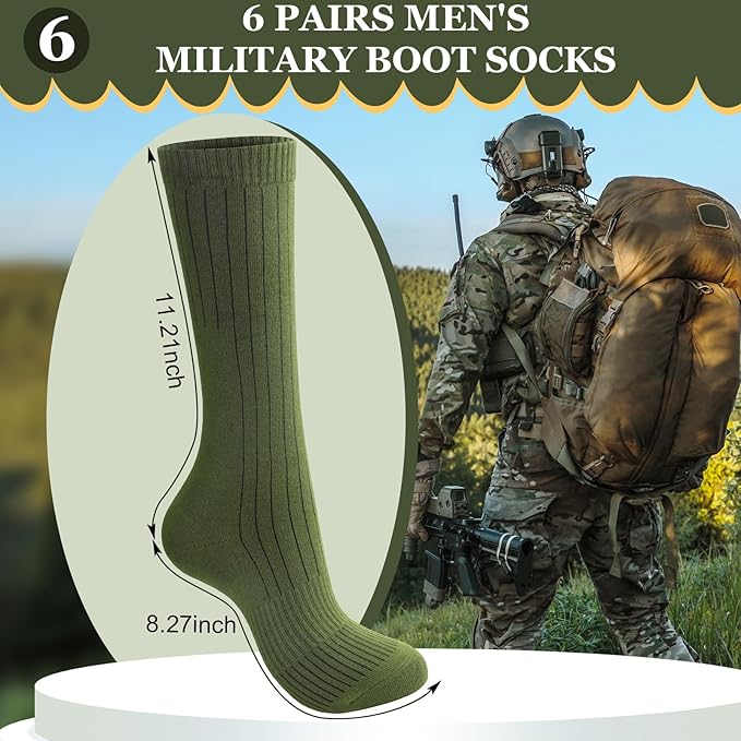 Green military boot sock with size measurement and a soldier in the background