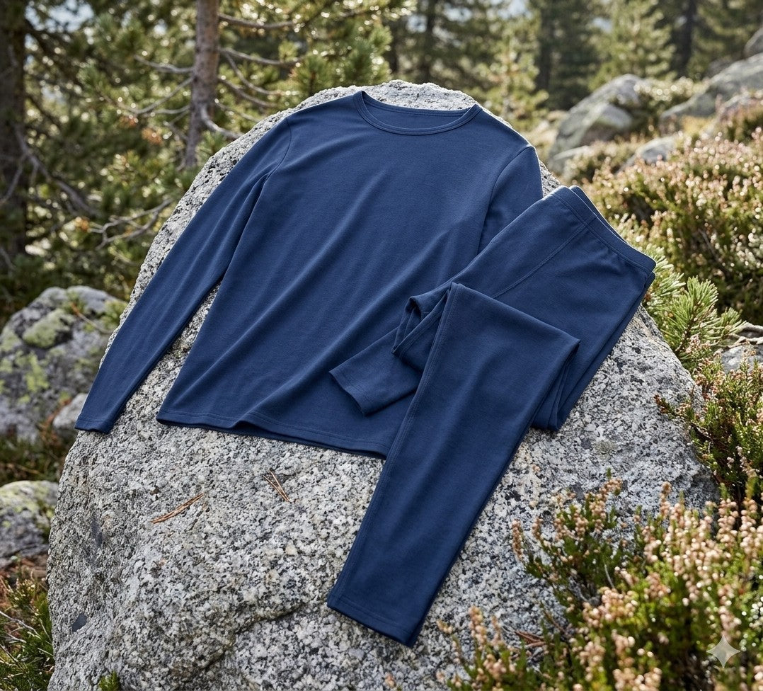 Blue long-sleeve shirt and pants on a rock with a natural background