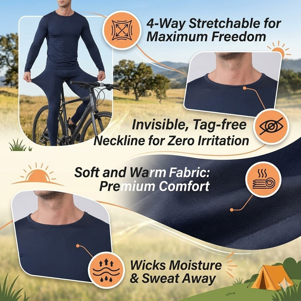 Navy long-sleeve shirt with features highlighted on a natural background