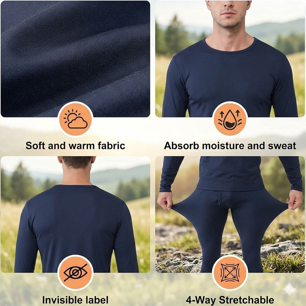 Navy long-sleeve shirt with features highlighted on a natural background