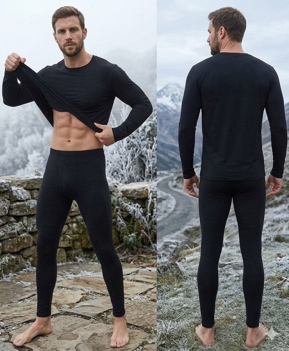 Man wearing black thermal underwear with a mountainous background Big Green Bear