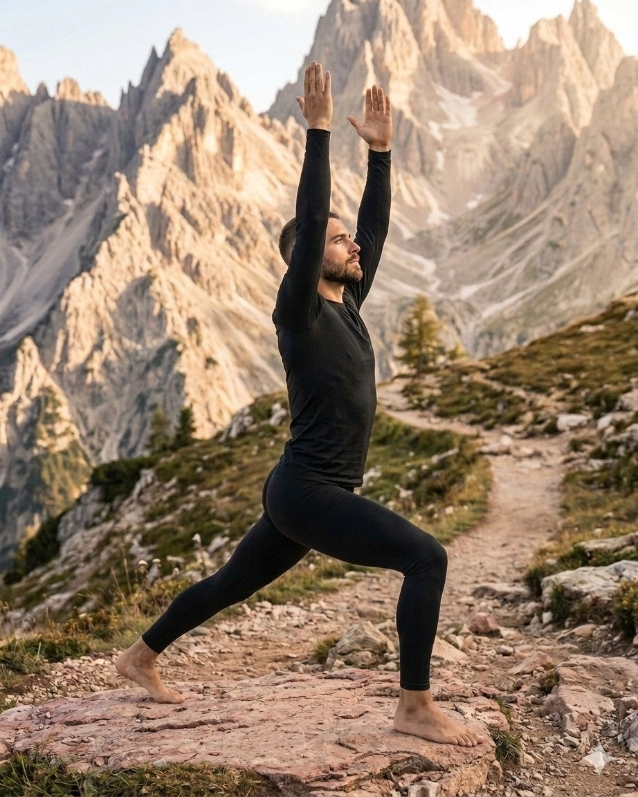 Person practicing yoga in a mountainous landscape