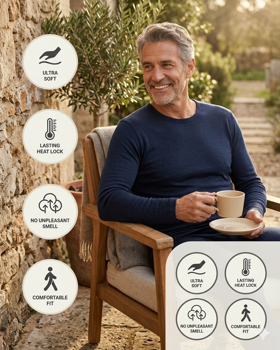 Man sitting outdoors holding a cup and saucer with product features displayed.