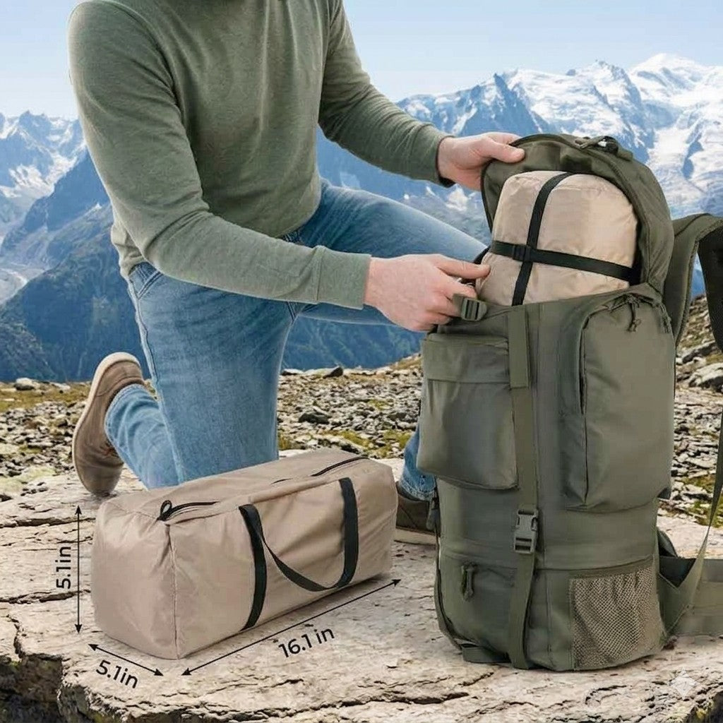 Person packing a backpack with a duffel bag on a mountainous background