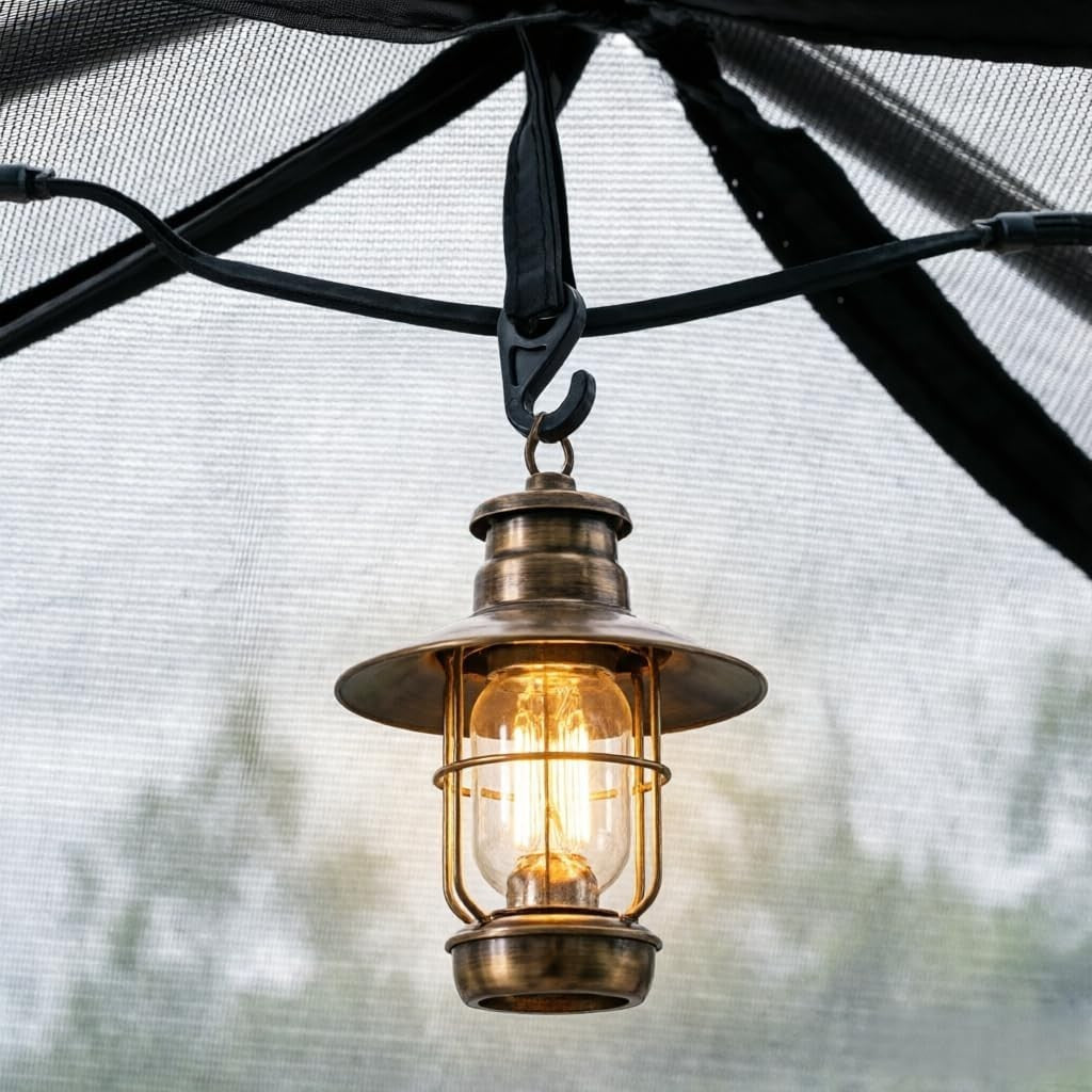 Vintage-style hanging lantern with a light bulb inside, attached to a canopy.