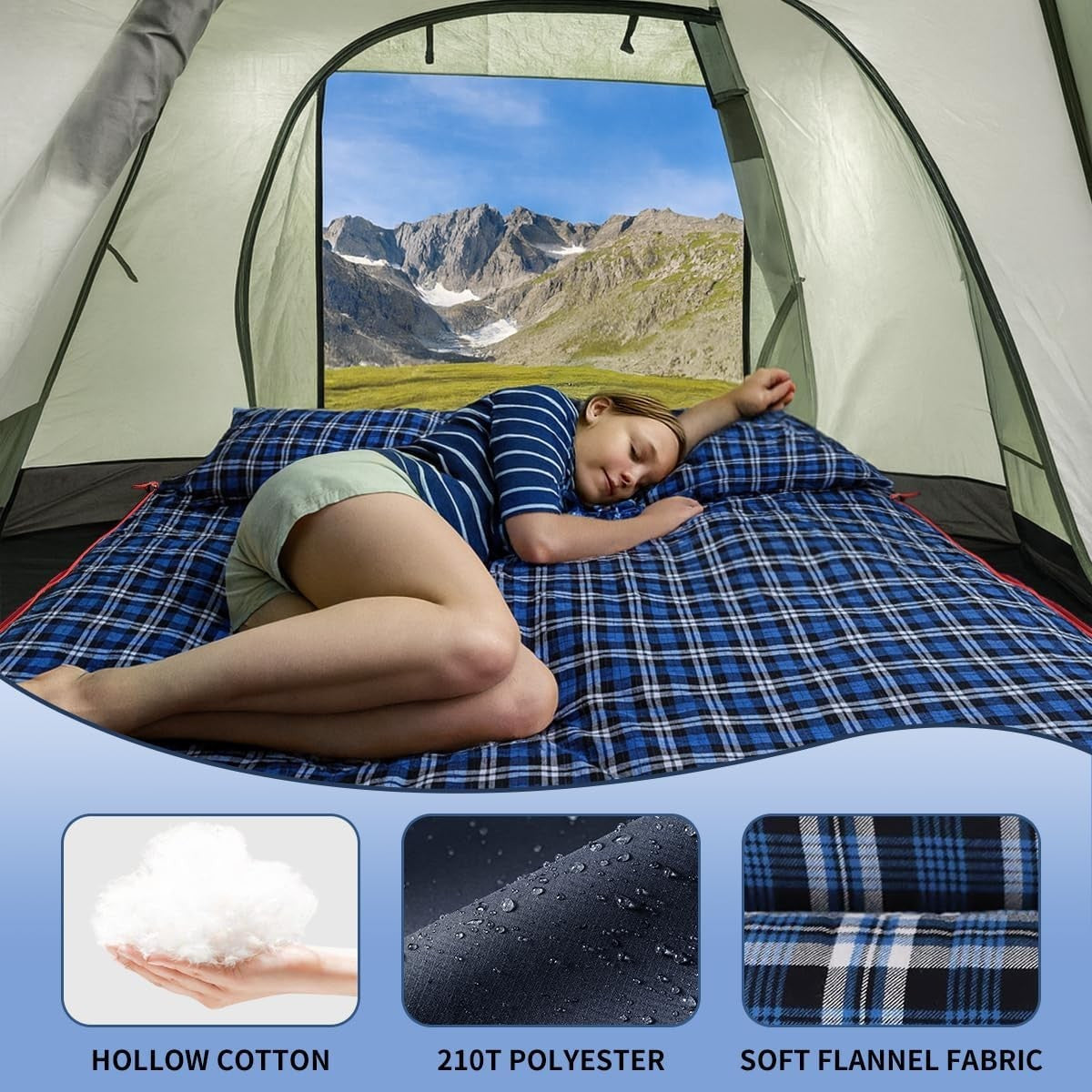 Person sleeping inside a tent with mountain view, featuring text on fabric types.