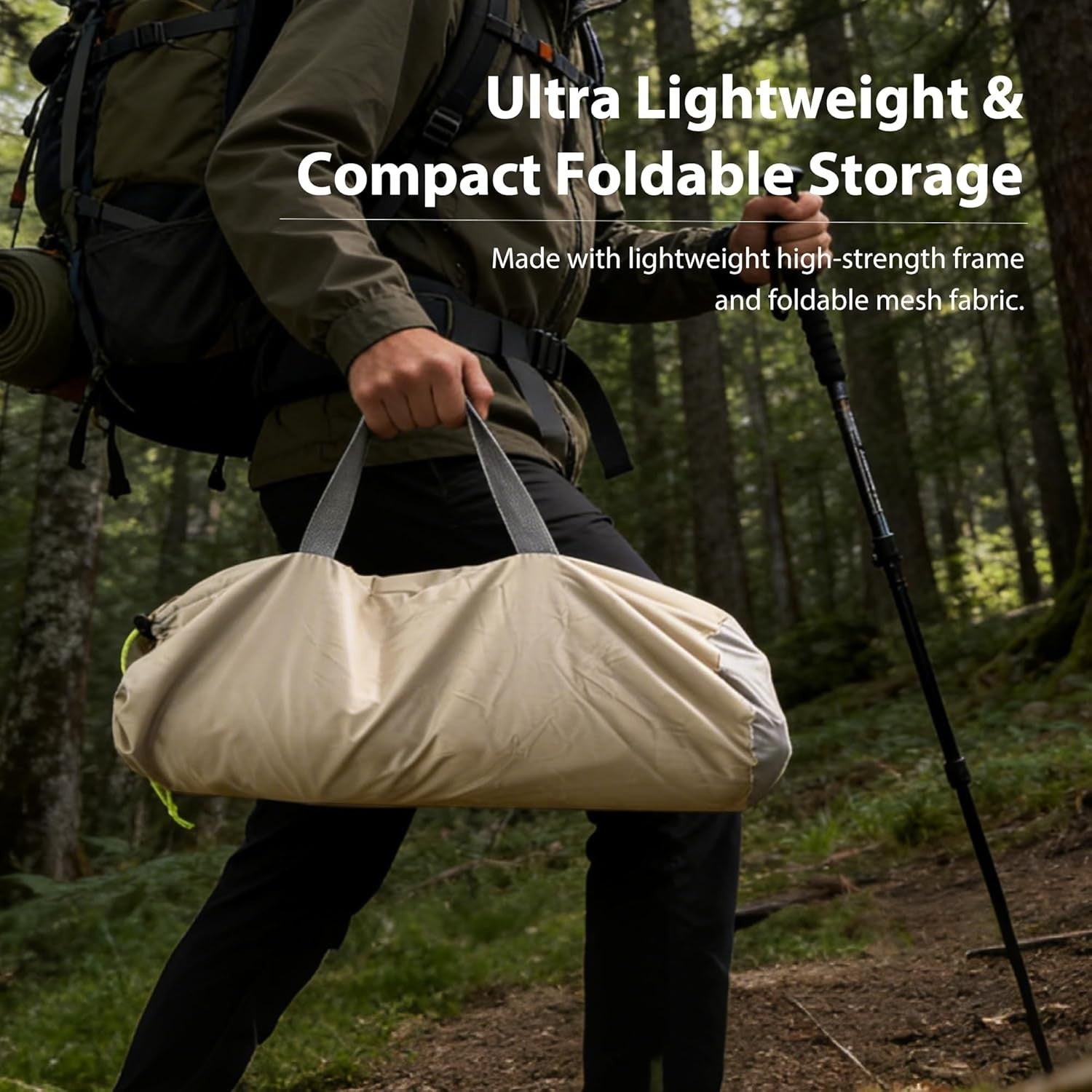 Person holding a beige foldable storage bag in a forest setting with text about the product's features.