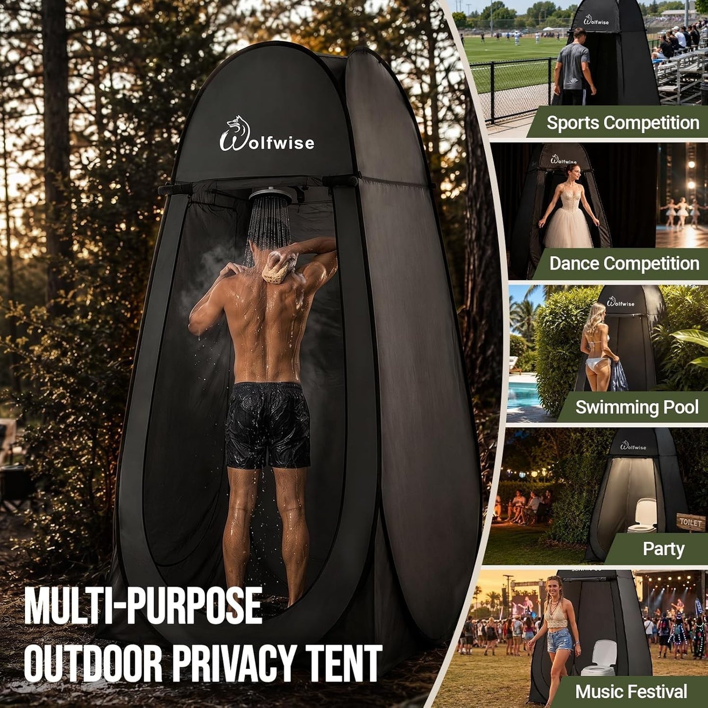 Wolfwise outdoor privacy tent with a person using it, shown in various settings.