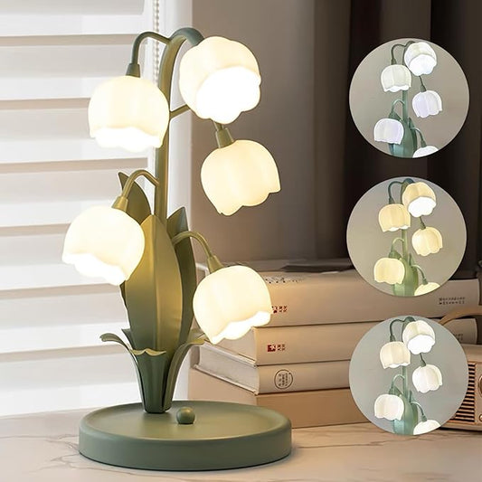 Green Flower Table Lamp, Vintage Lily of The Valley Bedside Lamp 3 Color Modes