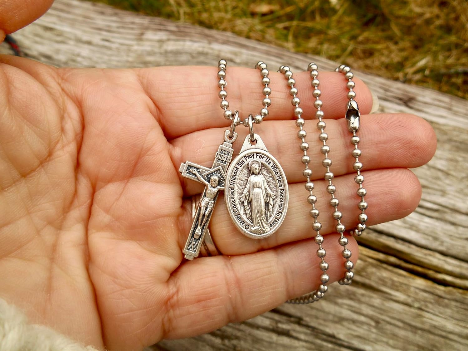 Mens Cross and Miraculous medal Necklace, 30 Inch Stainless Steel Ball Chain -  BigGreenBear.com jewelry 39.99 USD Big Green Bear