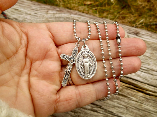 Mens Cross and Miraculous medal Necklace, 30 Inch Stainless Steel Ball Chain -  BigGreenBear.com jewelry 39.99 USD Big Green Bear