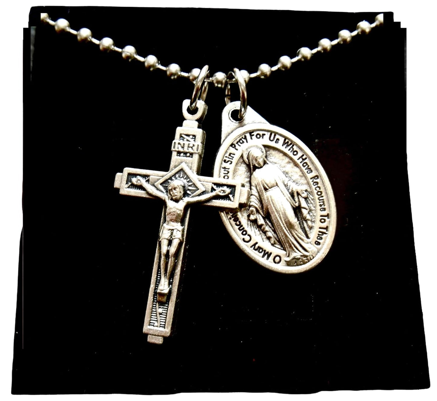Mens Cross and Miraculous medal Necklace, 30 Inch Stainless Steel Ball Chain -  BigGreenBear.com jewelry 39.99 USD Big Green Bear