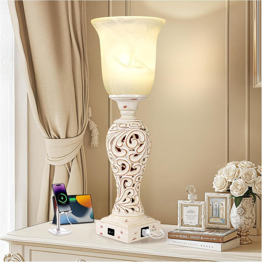 Vintage Desk Lamp with Glass Shade, 3-Way Dimmable with 2 USB Charging Ports 20" -  BigGreenBear.com table lamp 69.99 USD Big Green Bear