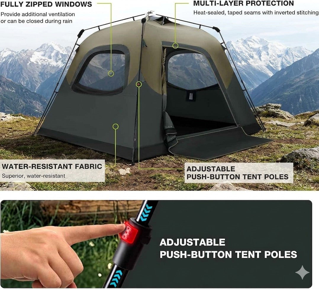 Camping tent with features highlighted on a mountainous background