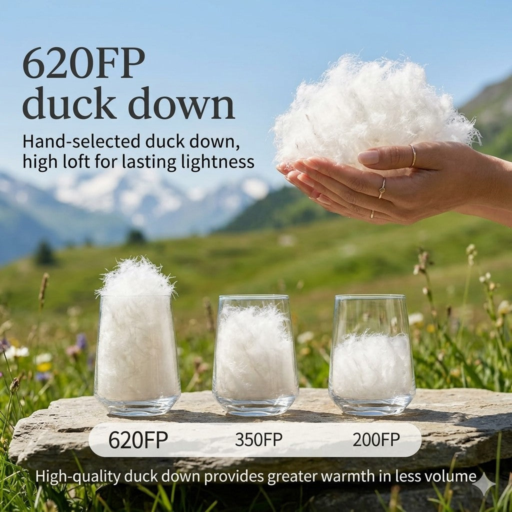 Hand holding duck down with three glasses filled with different types of duck down in a scenic outdoor setting.