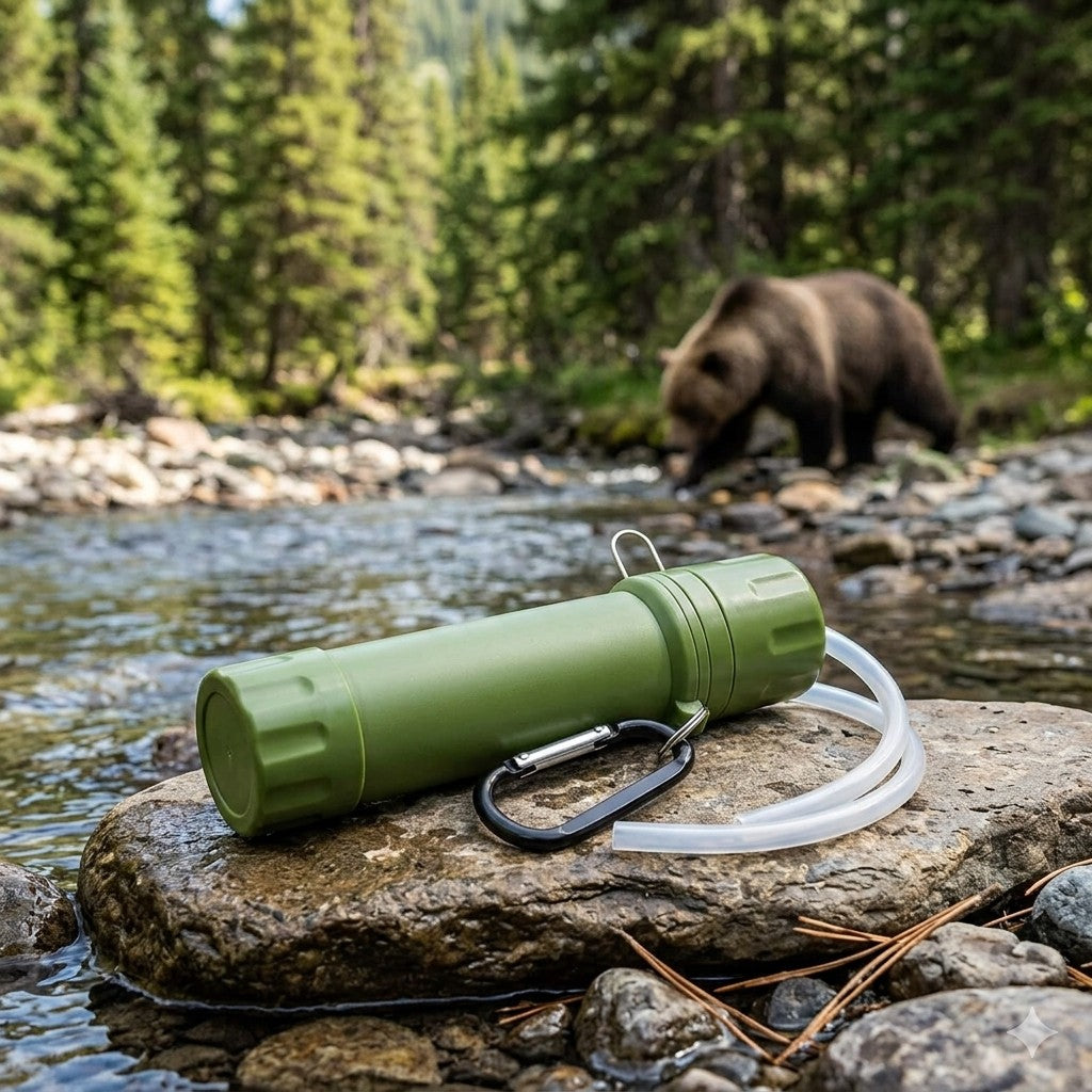 Green water filter on a rock by a river with a bear in the background