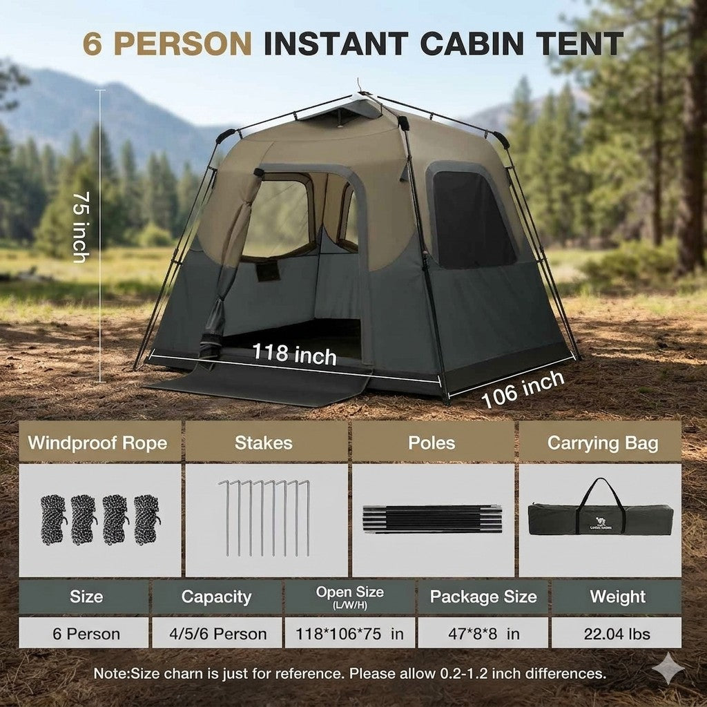 6 person instant cabin tent with dimensions and feature list on a natural background