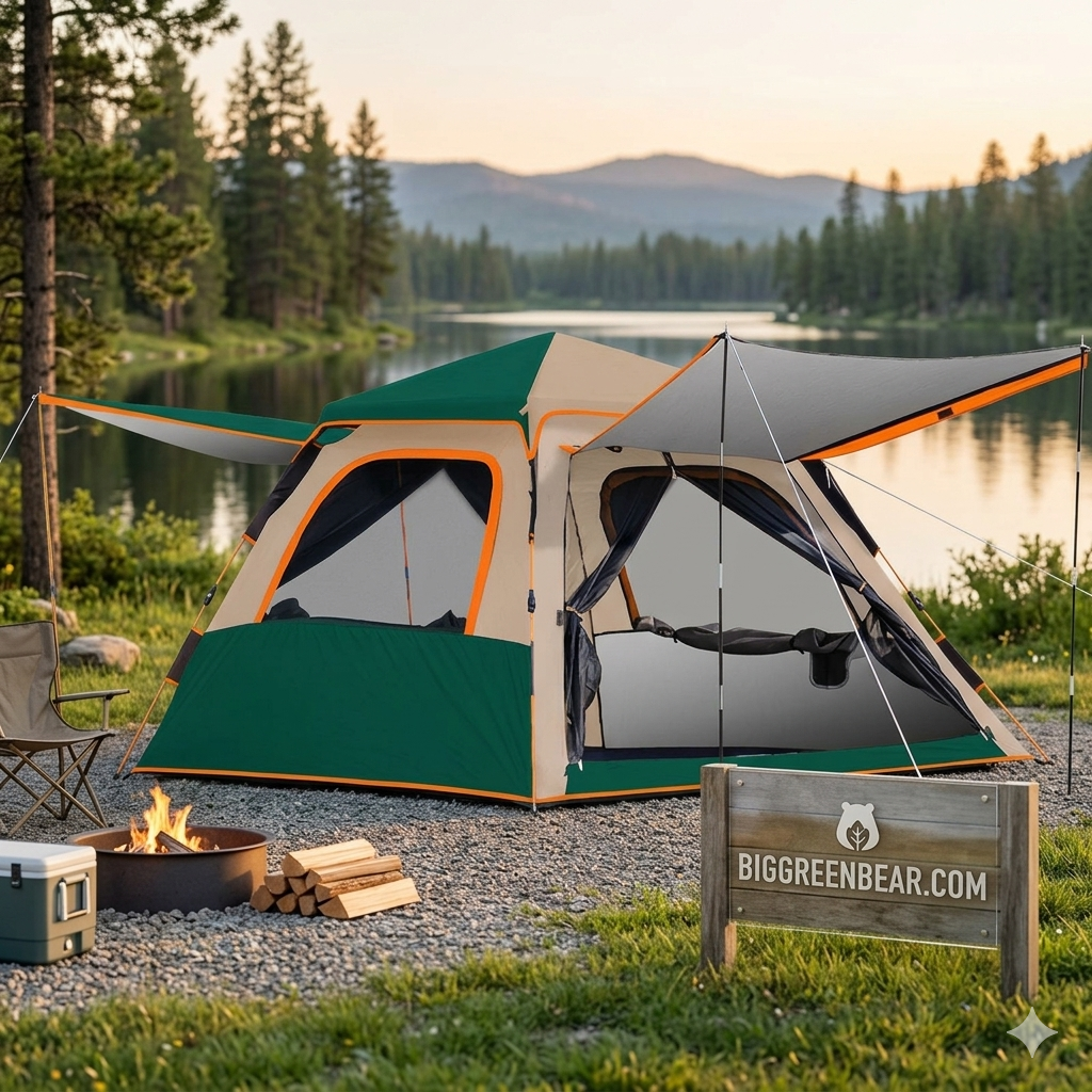 Camping scene with a tent by a lake, fire pit, and wooden sign with website URL. Biggreenbear.com