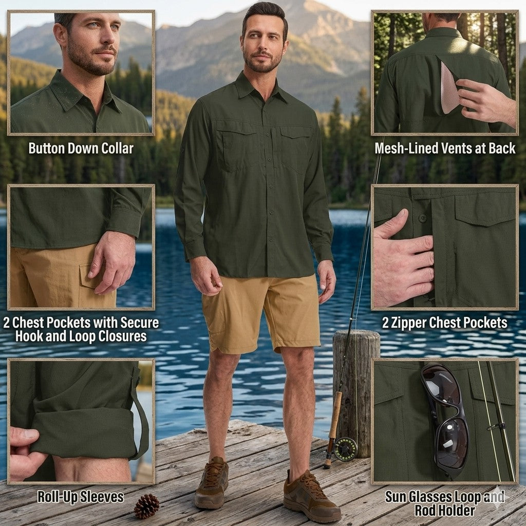 Man wearing a green shirt with features highlighted, standing by a lake.