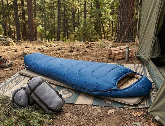 Blue sleeping bag on a camping mat next to a tent in a forest setting Big Green Bear
