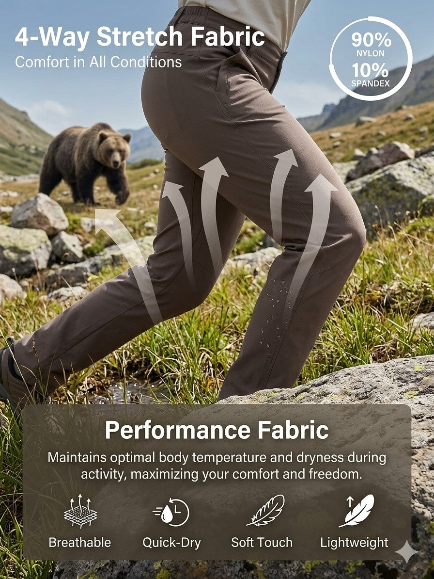 Person wearing brown pants with 4-way stretch fabric in a natural setting with a bear.
