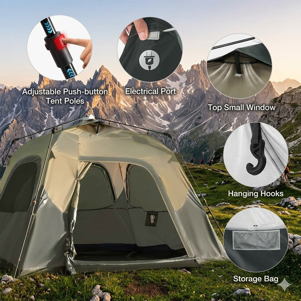 Tent with features highlighted against a mountainous background