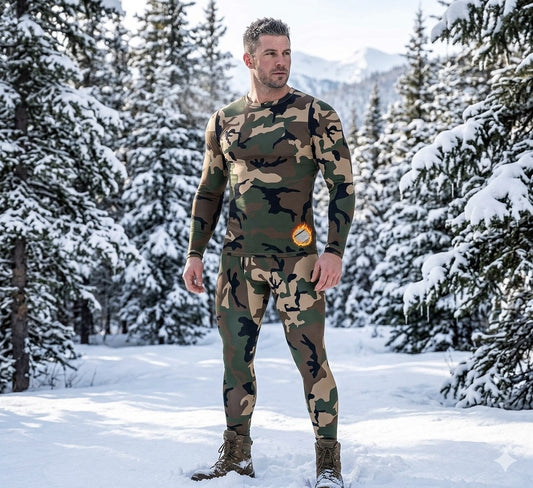 Man wearing a camouflage outfit standing in a snowy forest ig Green Bear
