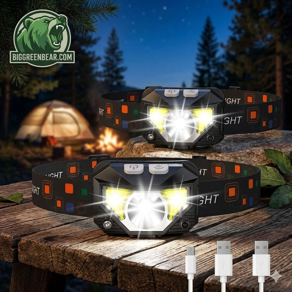 Headlamps with USB cables on a wooden surface at night with camping scene in the background. Big Green Bear