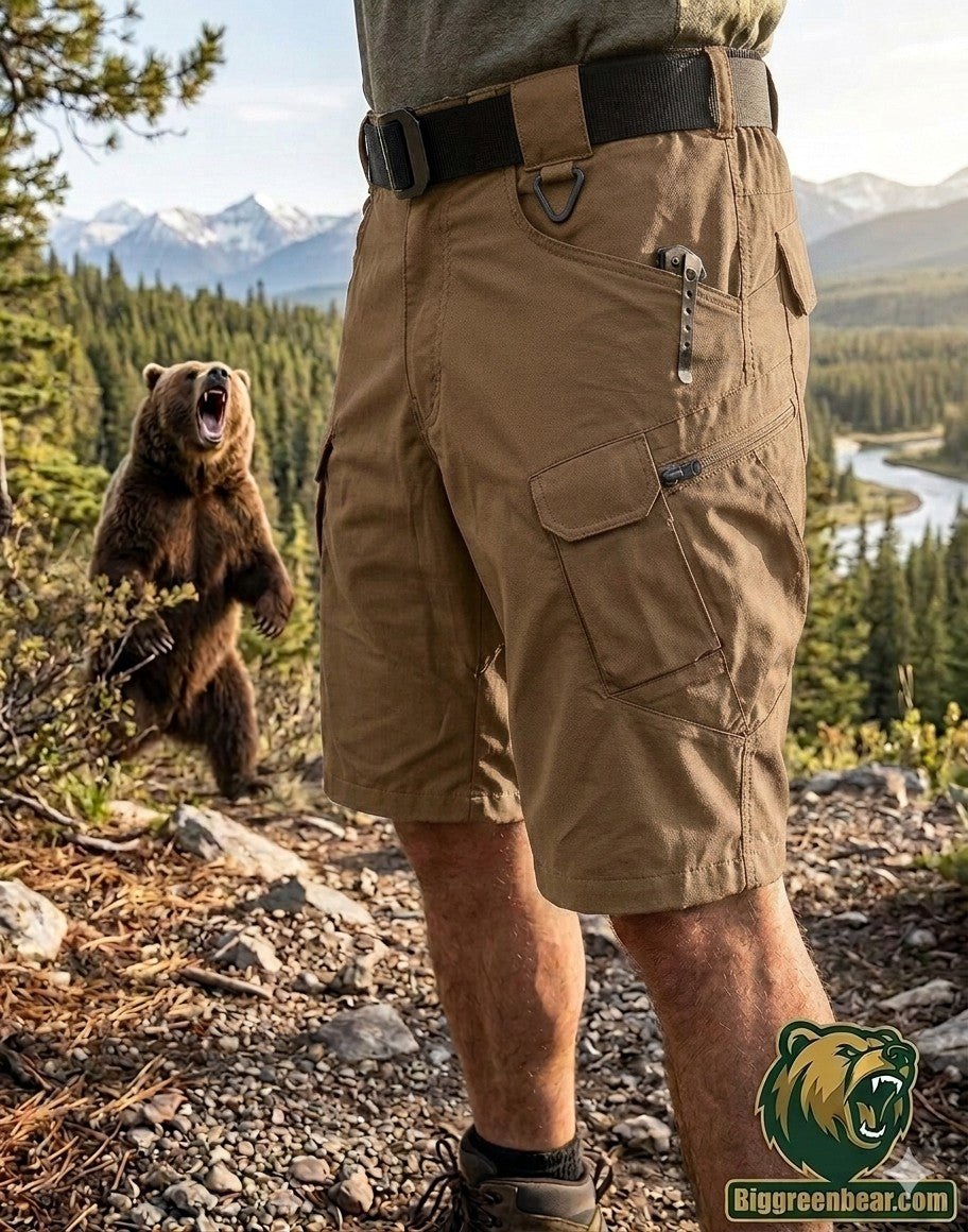  "Big Green Bear Men's 9-inch lightweight tactical hiking shorts in slate blue, featuring cargo pockets and an ergonomic cut for outdoor mobility."