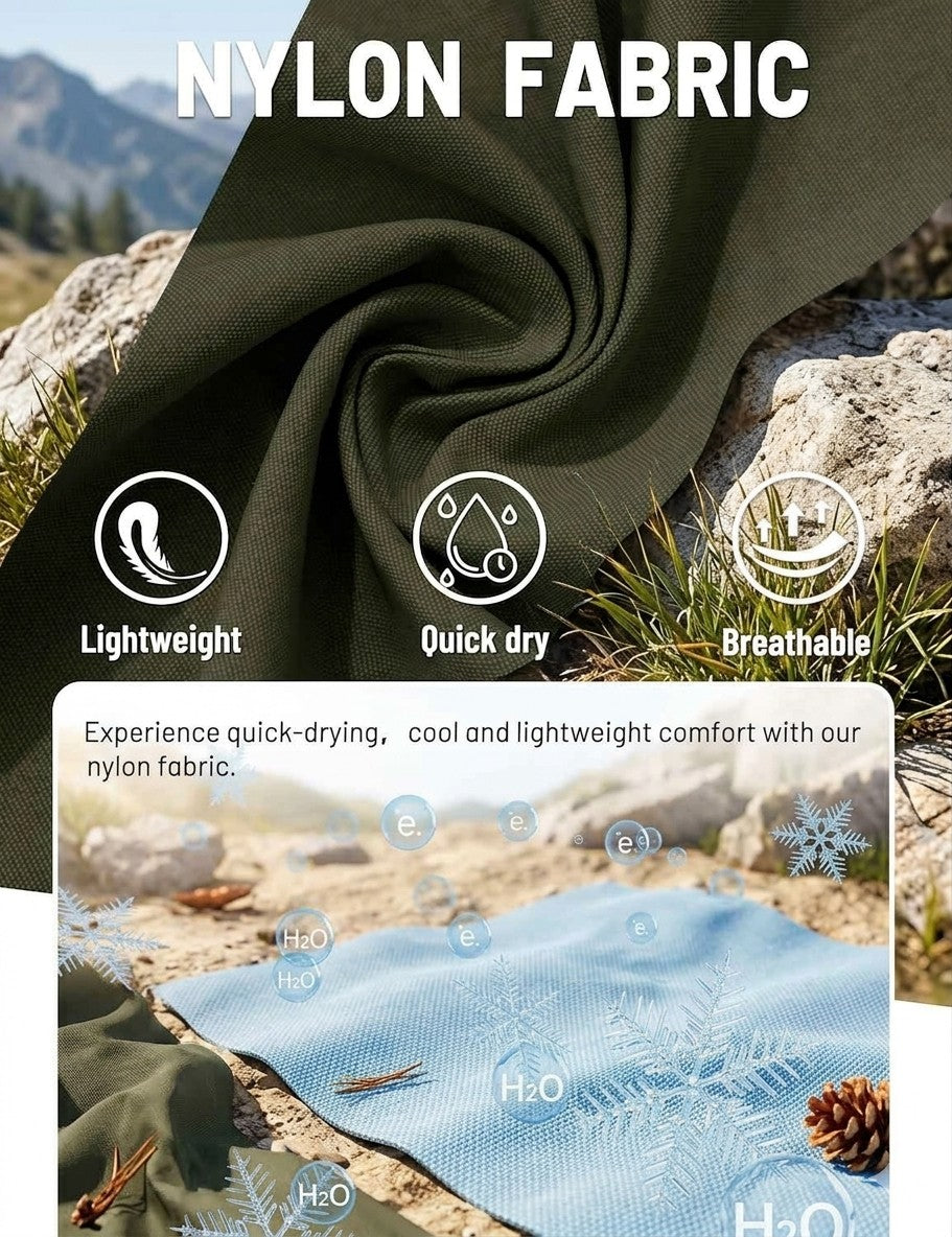 Nylon fabric with text highlighting lightweight, quick dry, and breathable properties, set against a natural outdoor background.