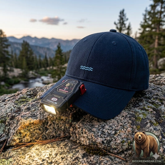 Navy blue cap with a light attached on a rock with a scenic background Biggreenbear.com