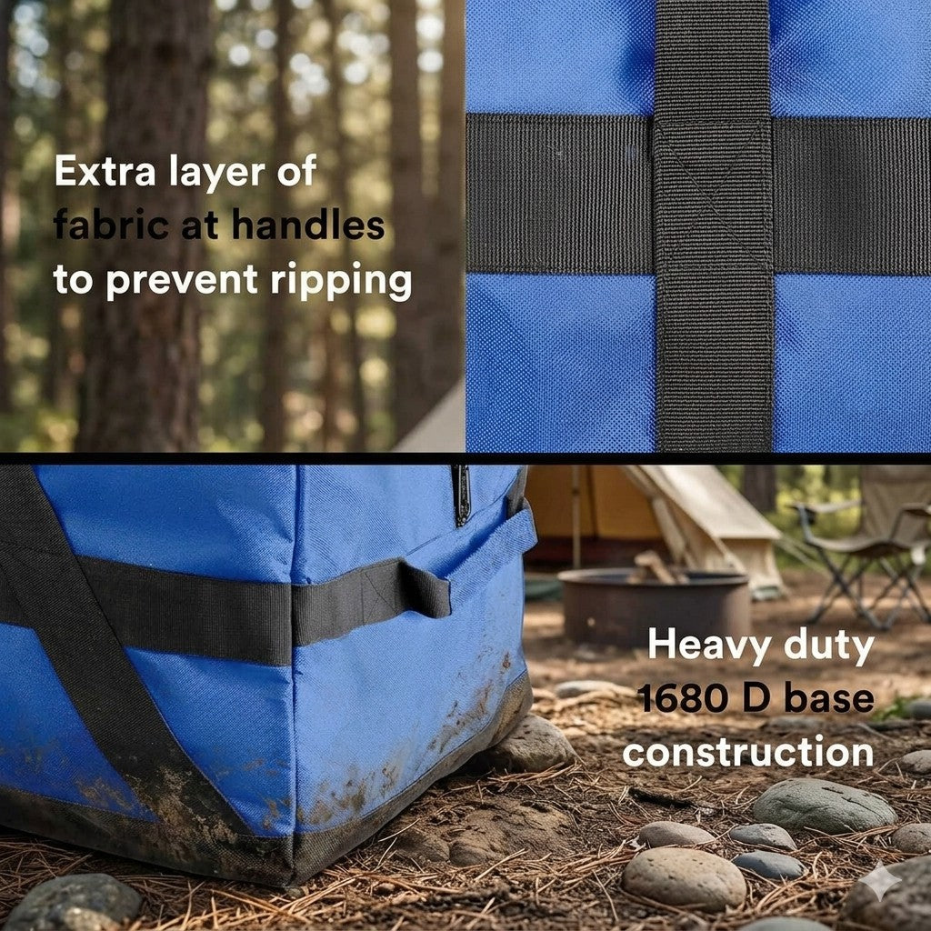 Blue camping bag with black straps in a forest setting, highlighting durability and design features.