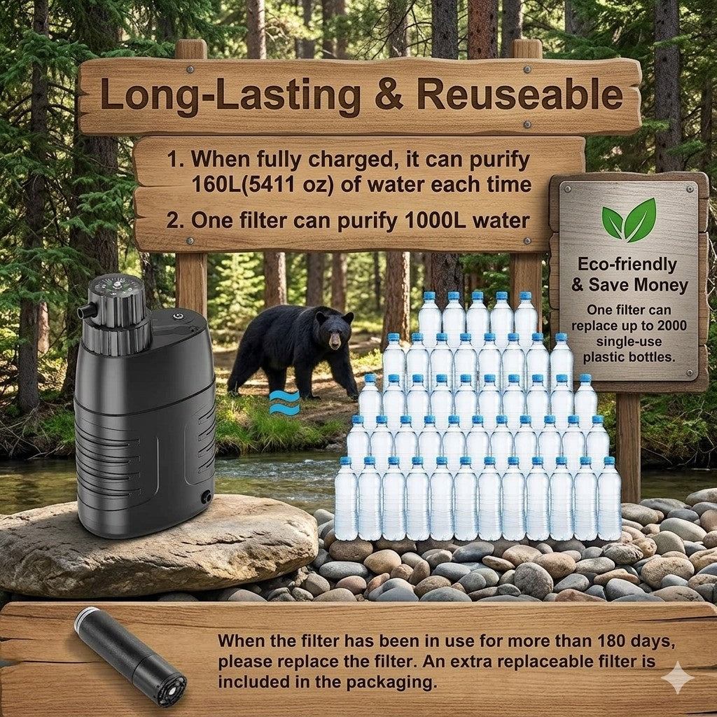 Water purification device with bottles and educational signs in a forest setting